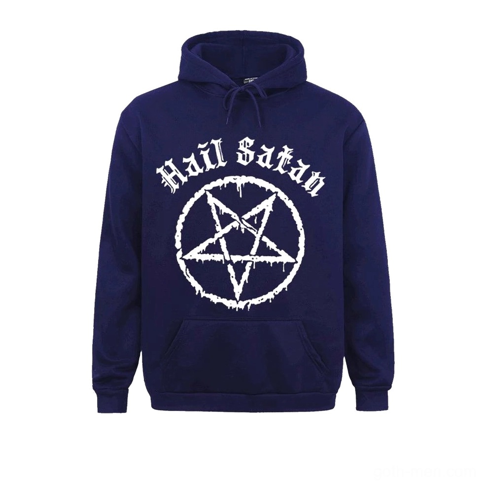 Midnight navy blue gothic hoodie featuring white pentagram symbol and occult chest print, dark streetwear unisex