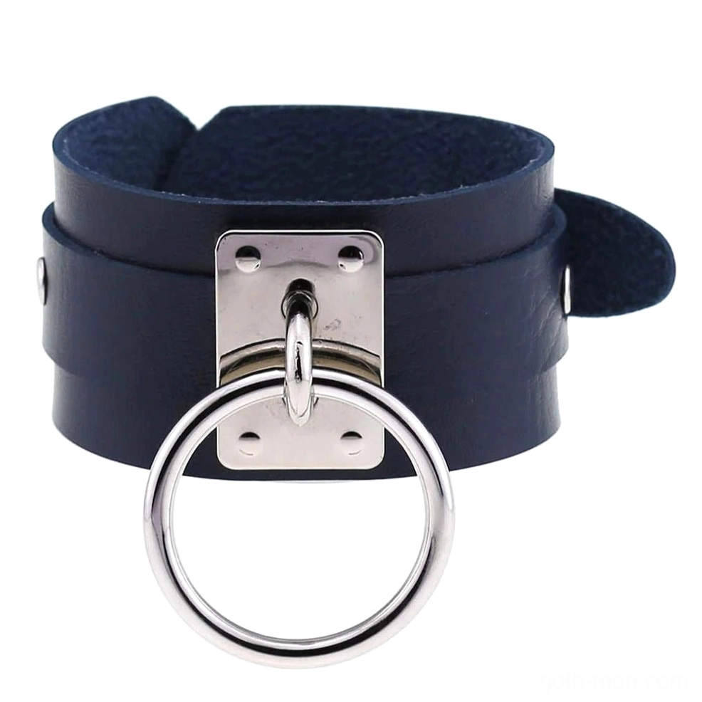 Navy blue leather gothic cuff bracelet with silver ring hardware, elegant dark accessory