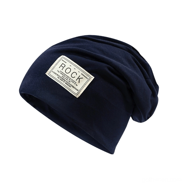Navy blue dark alternative slouch beanie with embroidered detail