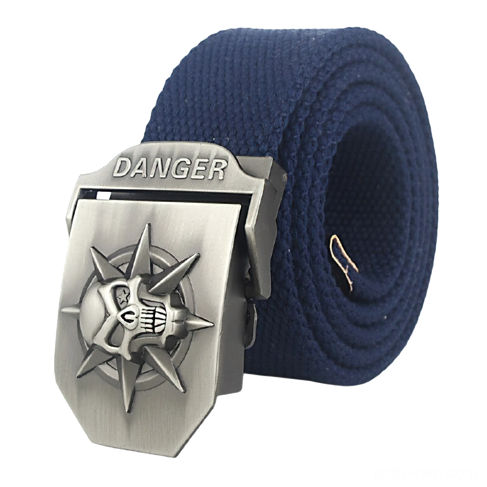 Navy blue punk canvas belt with antique silver metal skull buckle detail, oblique angle photography
