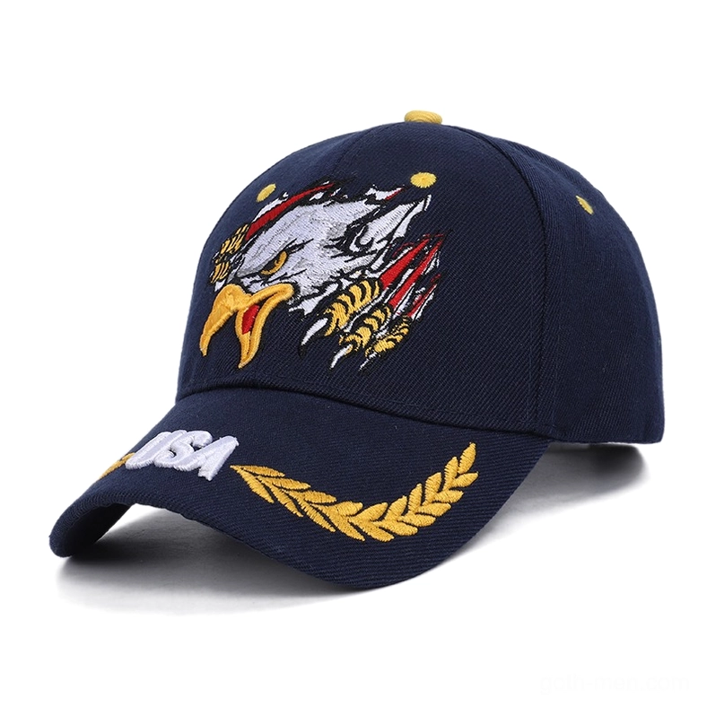 Navy blue gothic military cap with gold eagle and wheat embroidery, side profile view displaying embroidered details