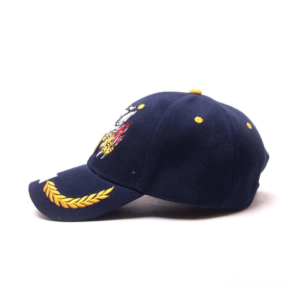Navy gothic cap rear view with gold wheat embroidery on brim, showing back strap adjustment mechanism