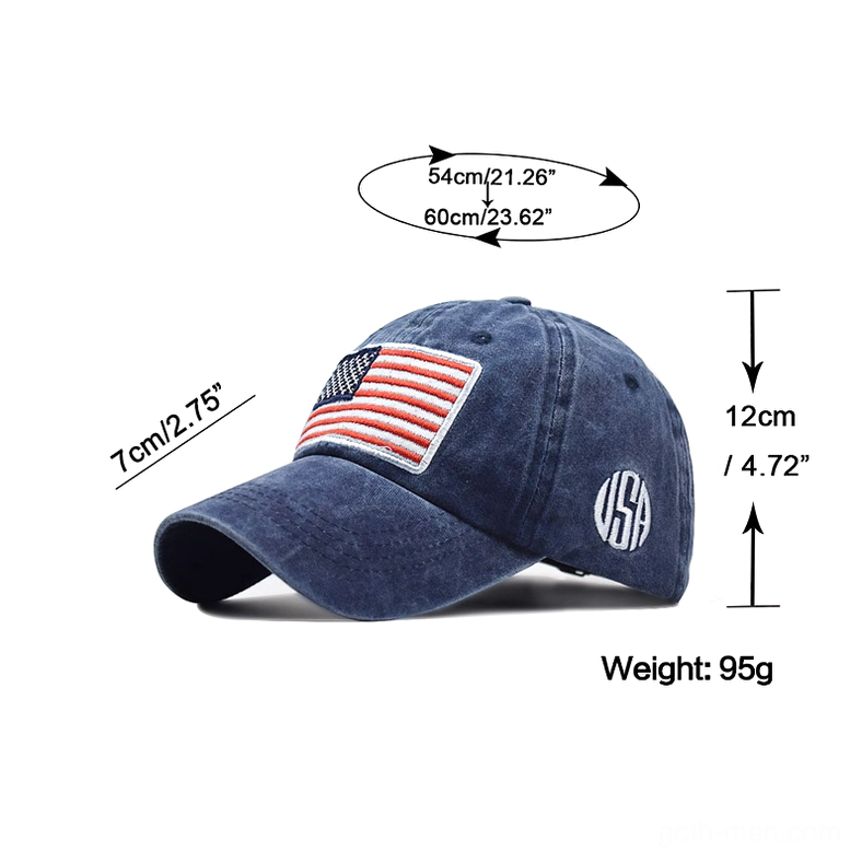Navy blue gothic USA flag baseball cap with size and weight specifications marked, product measurement details