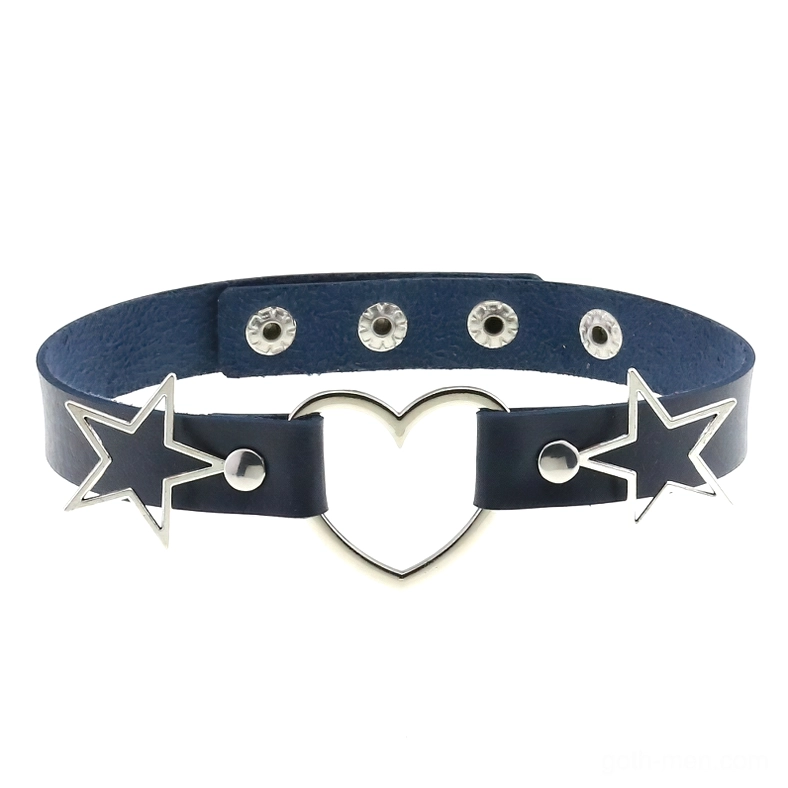 Navy blue gothic choker with silver decorative heart and star metal accents, flat lay photography showcasing adjustable leather choker design