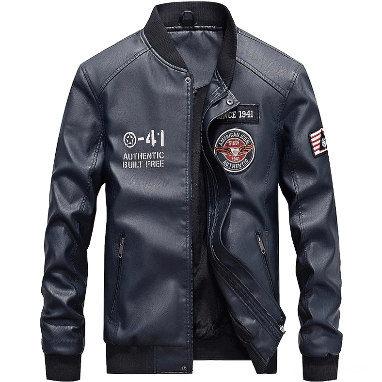 Navy blue motorcycle PU leather jacket with military embroidered patches and gothic aesthetic