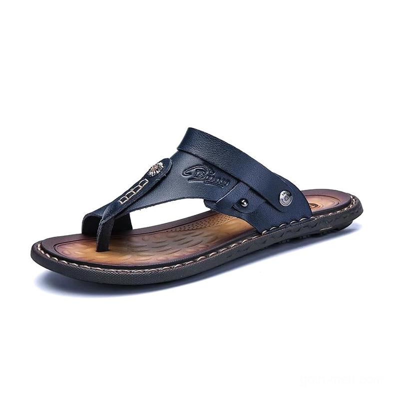 Navy blue gothic microfiber sandals with metal rivets - three-quarter front view