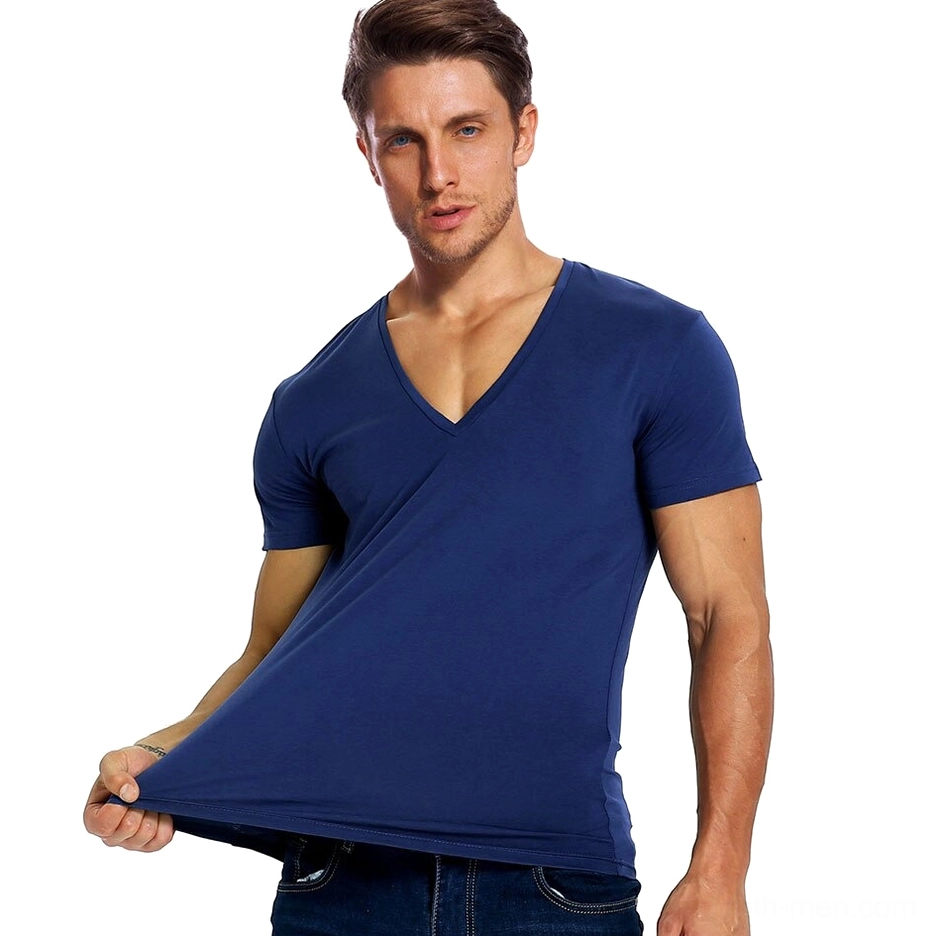 Navy blue gothic V-neck T-shirt fabric detail showing stretch capability and slim fit construction
