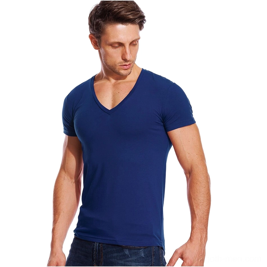 Navy blue gothic V-neck short sleeve T-shirt for men, low angle front view on model