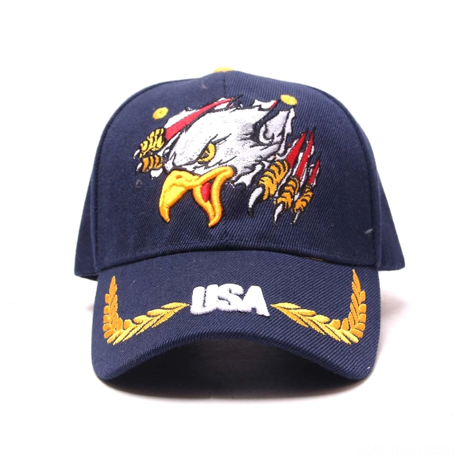 Navy gothic cap with USA and gold wheat embroidery, direct front view of embroidered eagle design