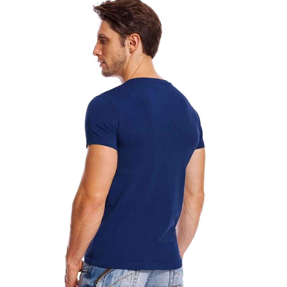 Navy blue gothic V-neck T-shirt for men, side and back view showing sleeve details and fit