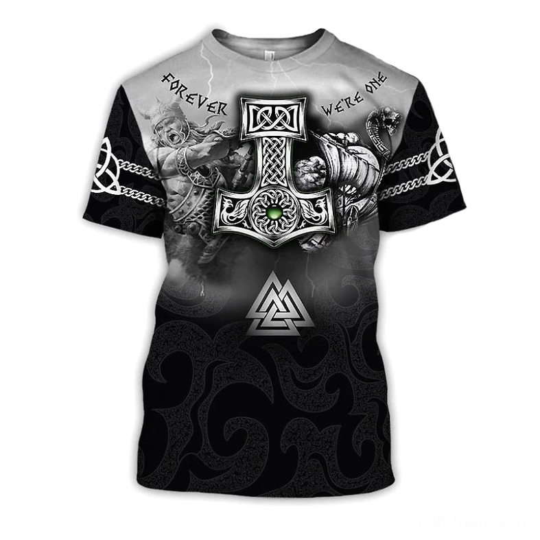 Black gothic viking graphic tee front view with Valknut triangle, Mjolnir Thor's hammer, and Norse warrior dragon battle print