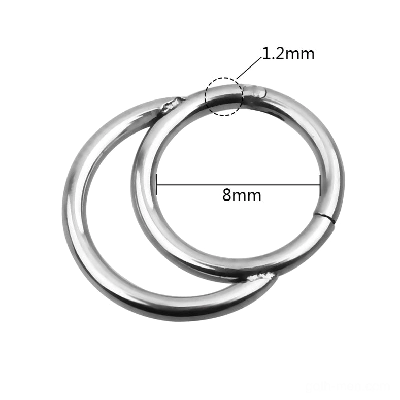 Nose clicker ring technical specification shot showing 8mm diameter and 1.2mm wire thickness measurement