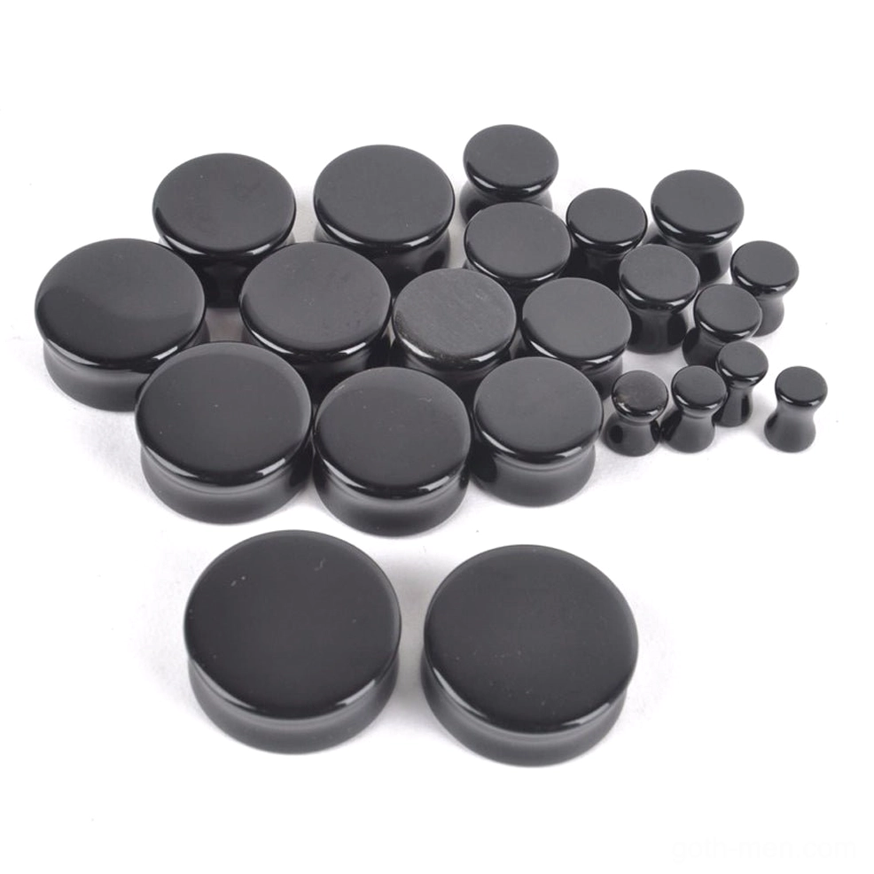 Front view black obsidian stone ear gauge flesh tunnel gothic body jewelry polished