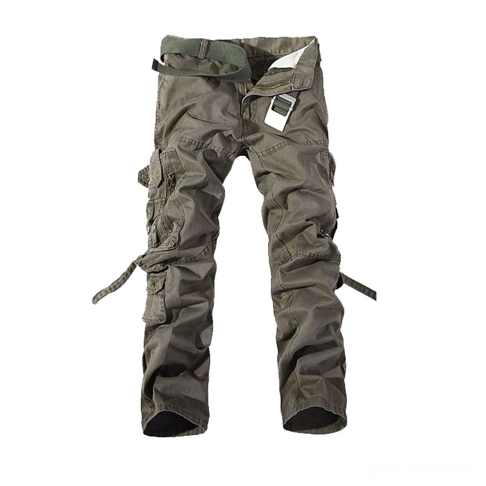 Dark olive green cargo pants front flat view with included belt and cargo pocket detail