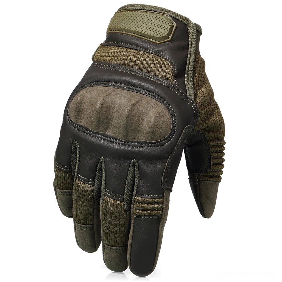 Olive and dark grey tactical combat glove with leather knuckle pad and mesh panels