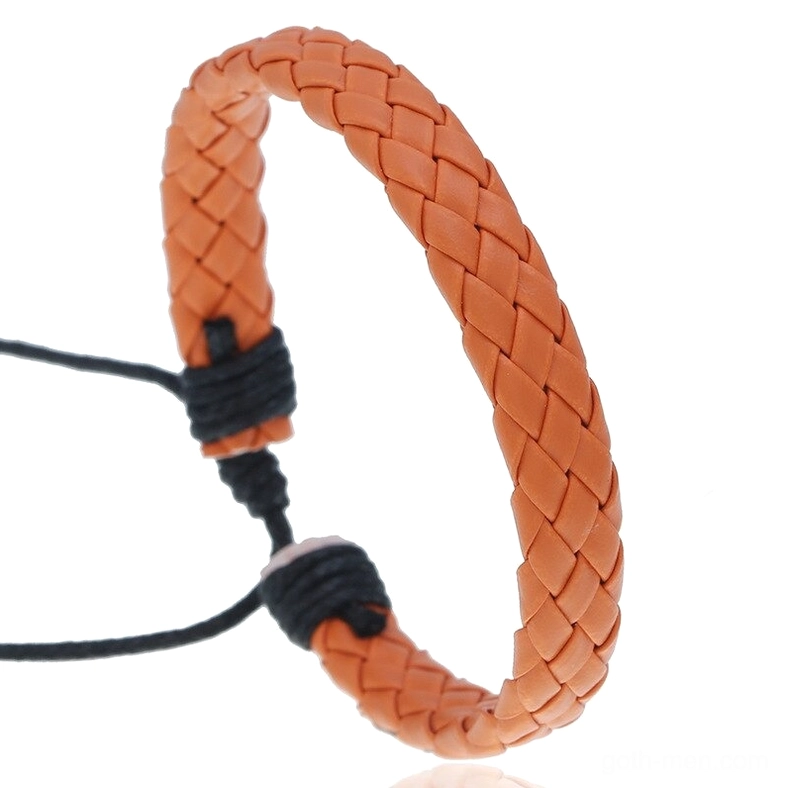 Orange gothic braided leather bracelet with plain woven texture and adjustable drawstring