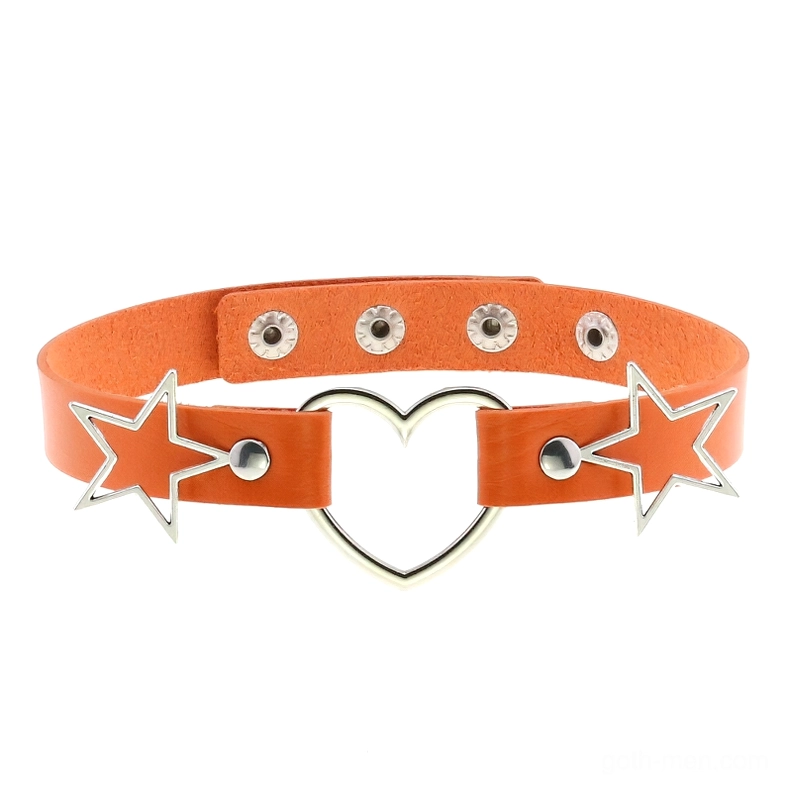 Orange leather choker with silver hollow heart and star metal details, flat lay display showcasing vibrant gothic accessory design