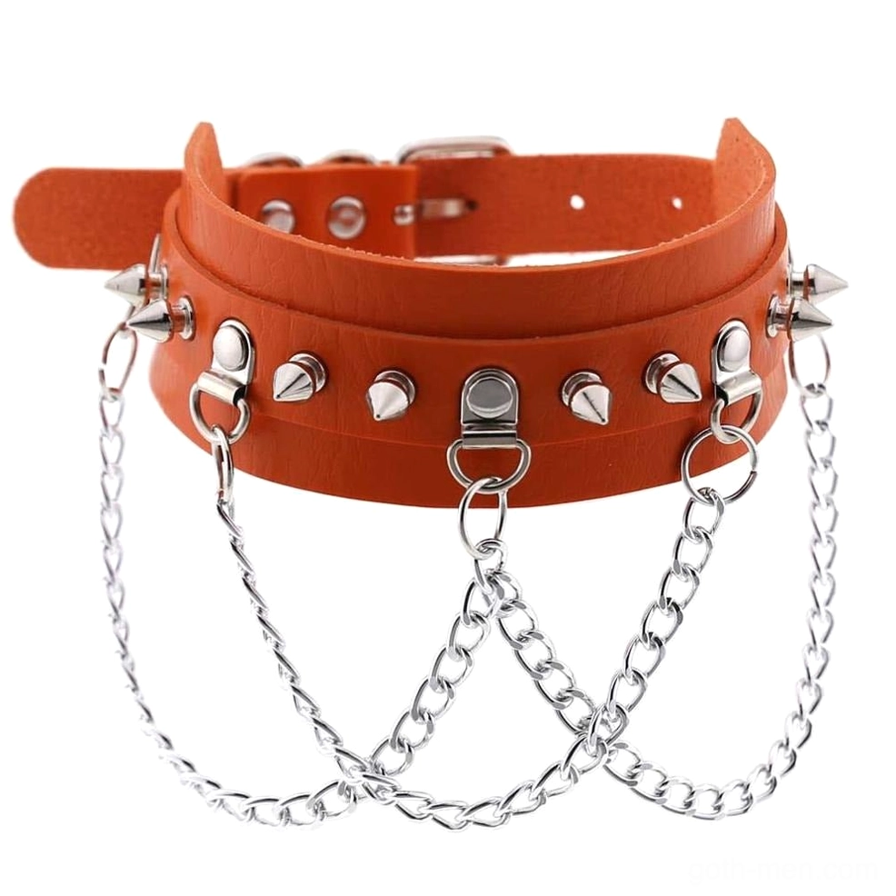 Orange vegan leather spiked choker featuring adjustable buckle mechanism and multi-layer zinc alloy chains