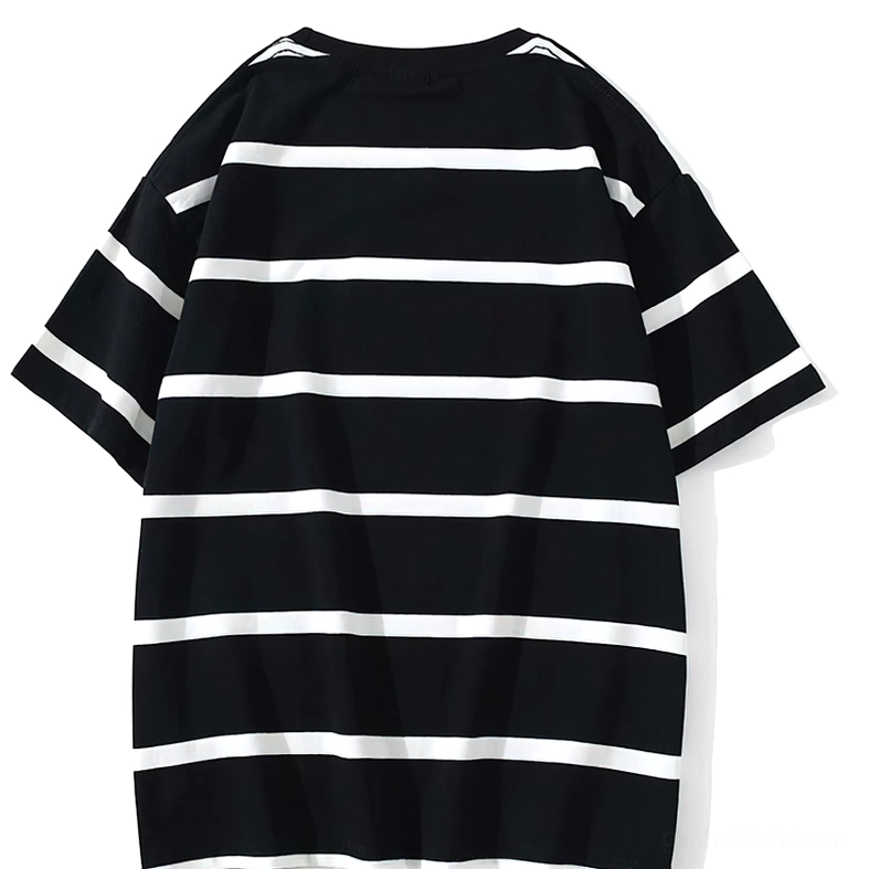 Oversized striped gothic t-shirt back view pure black base with white horizontal stripes, flat lay on white background