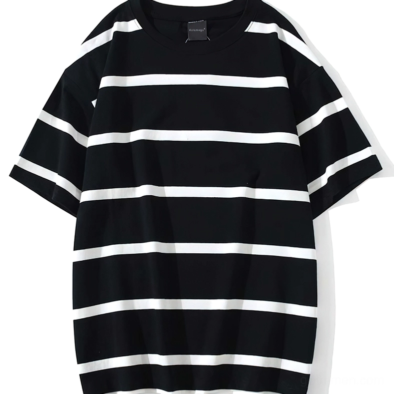 Oversized striped gothic t-shirt front view pure black base with white horizontal stripes, flat lay on white background
