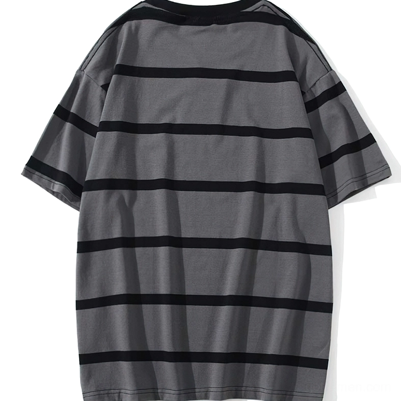 Oversized striped gothic t-shirt back view dark gray base with black horizontal stripes, flat lay on white background