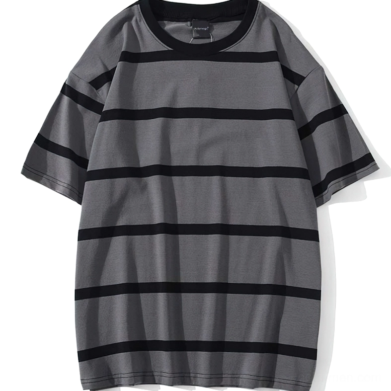 Oversized striped gothic t-shirt front view dark gray base with black horizontal stripes, flat lay on white background