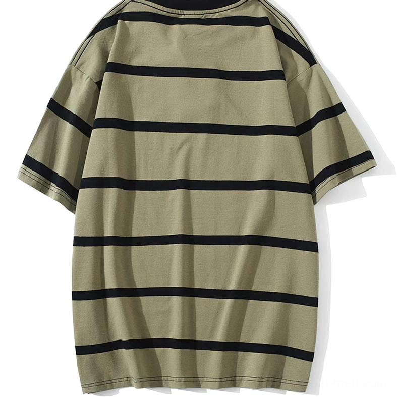 Oversized striped gothic t-shirt back view olive base with black horizontal stripes, flat lay on white background