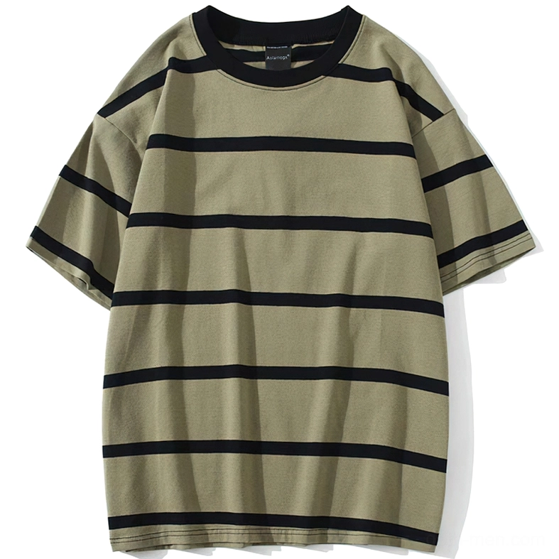 Oversized striped gothic t-shirt front view olive base with black horizontal stripes, flat lay on white background