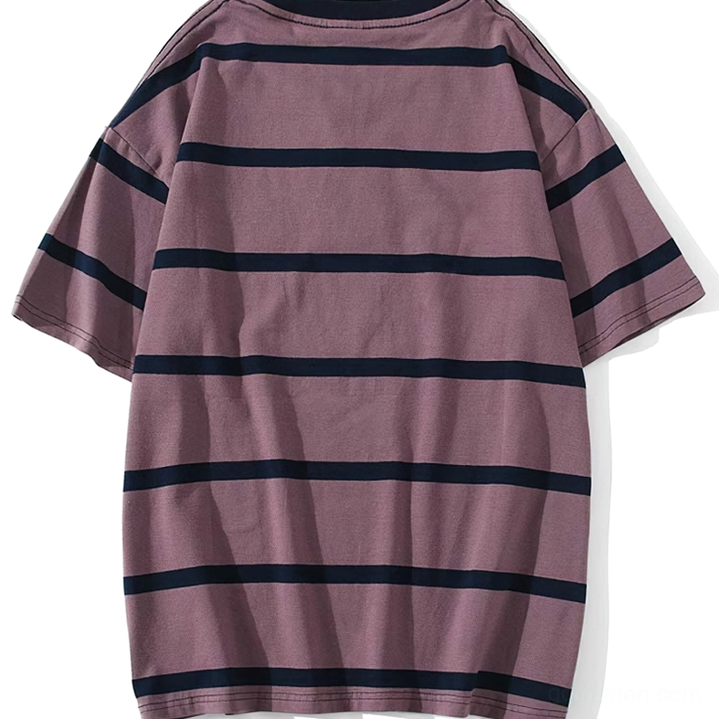 Oversized striped gothic t-shirt back view mauve purple base with dark navy horizontal stripes, flat lay on white background