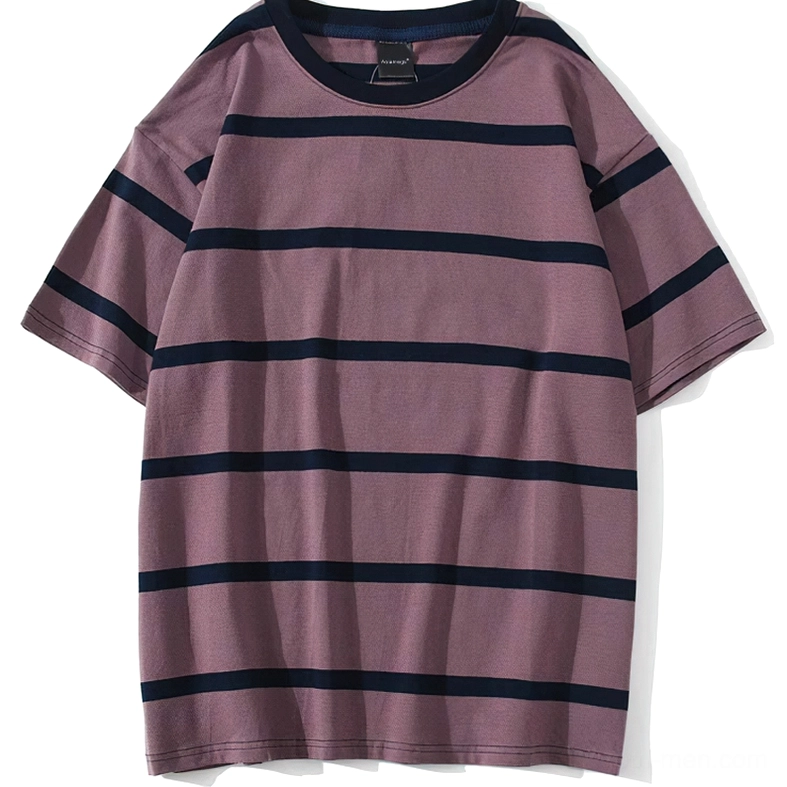 Oversized striped gothic t-shirt front view mauve purple base with dark navy horizontal stripes, flat lay on white background