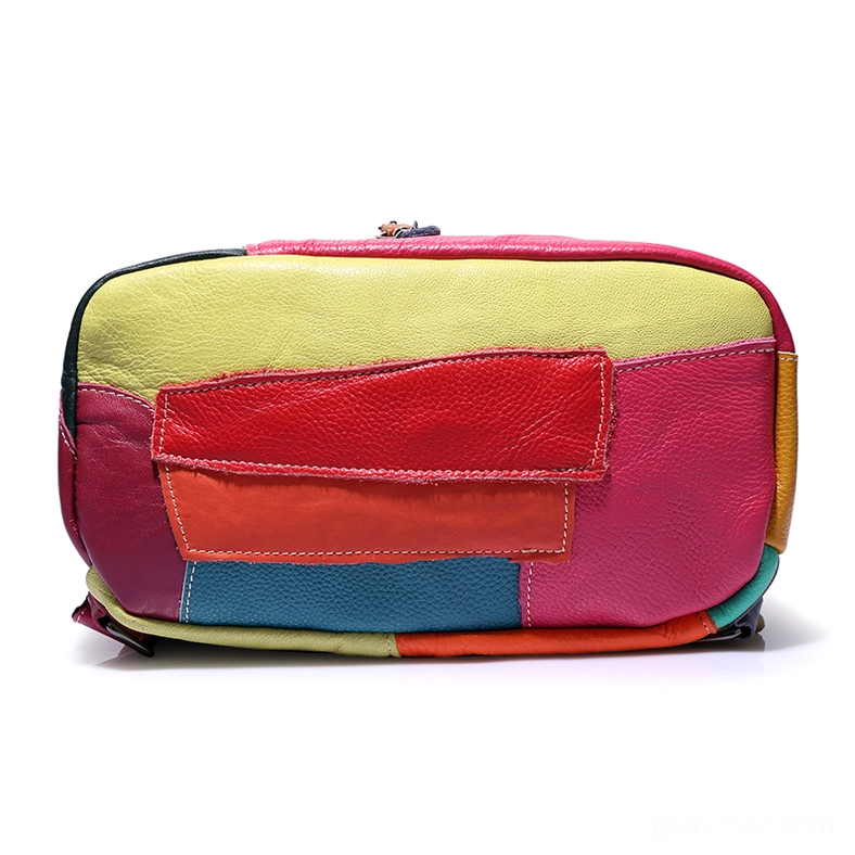 Multicolor patchwork leather backpack flat lay showing front pocket and design details