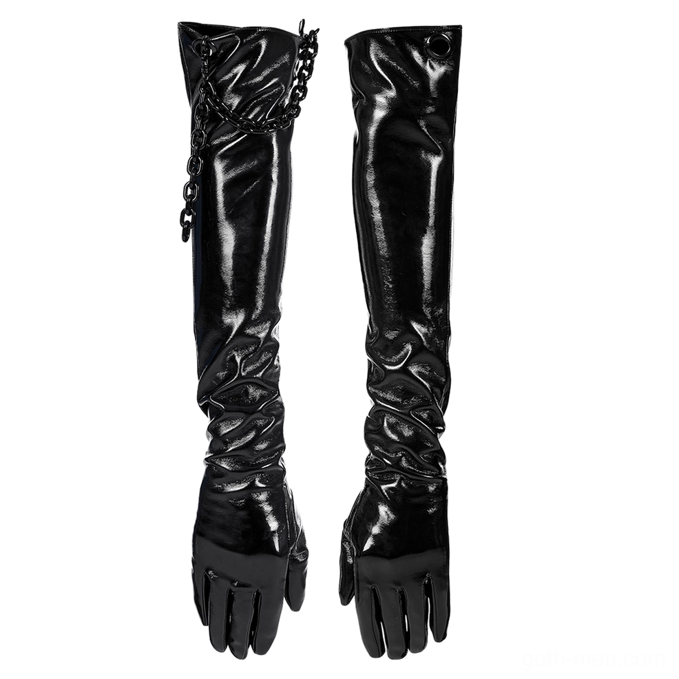 Pair of black patent leather gloves with ruched cuff and detachable metal chain in flat lay view showcasing chain attachment system