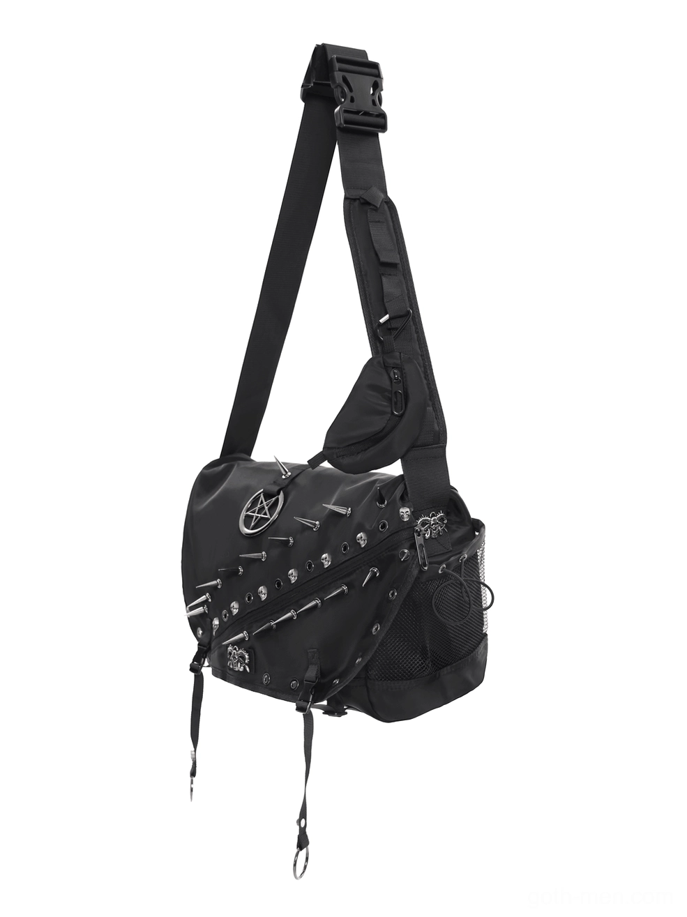 Side profile view of black gothic messenger bag with wide adjustable strap and pentagram accent detail