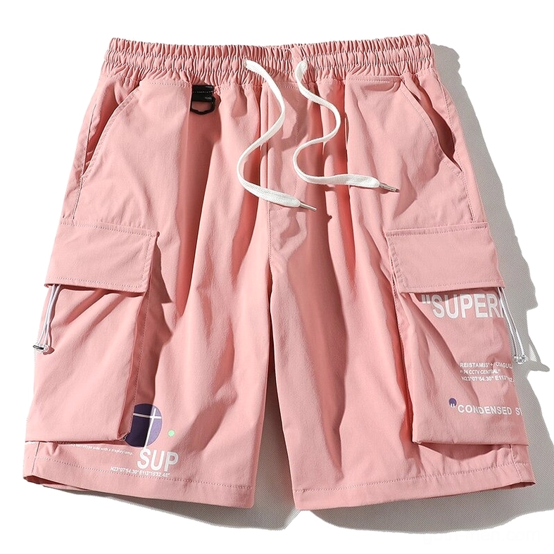 Pink gothic cargo shorts with elastic drawstring waist and multiple utility pockets - front flat lay