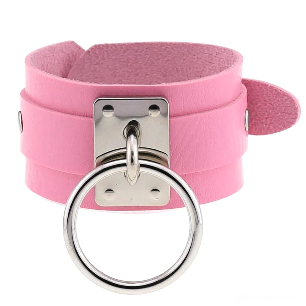 Pink leather gothic cuff bracelet with silver ring details, romantic dark style jewelry