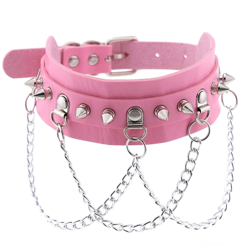 Pink vegan leather spiked choker with cone spikes and metal chain layering for gothic fashion styling