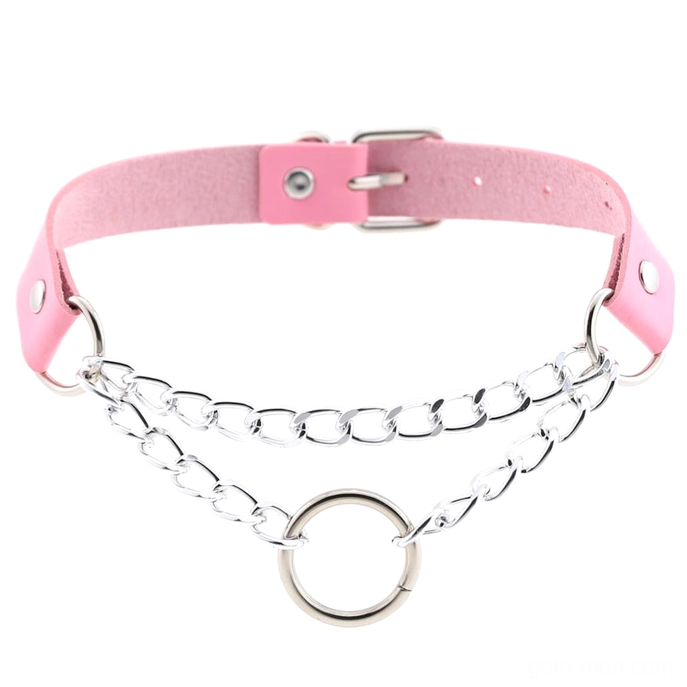 Pastel pink faux leather chain choker with double silver chains and O-ring detail, adjustable gothic punk style necklace front view