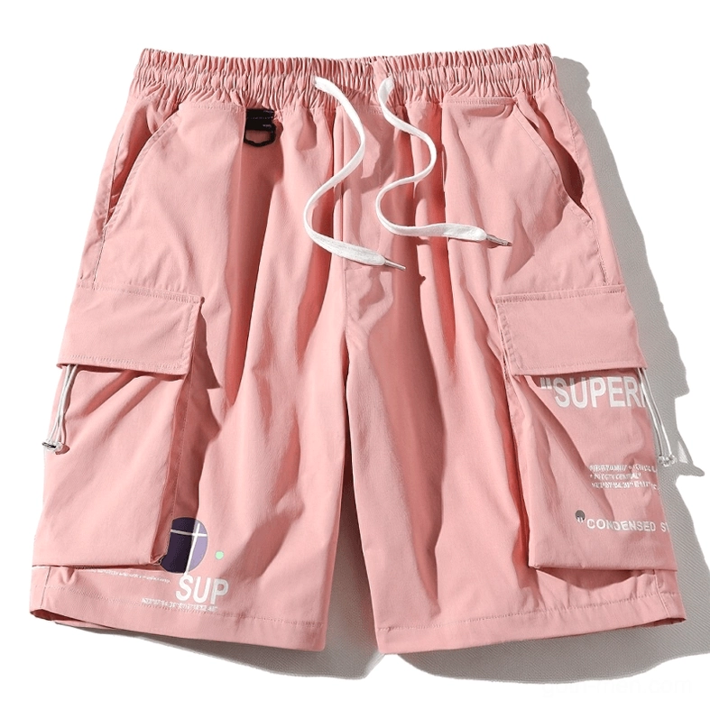 Pink utility shorts with elastic waist and cargo pockets - color option showcase