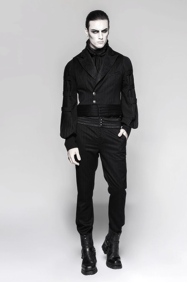 Pinstriped gothic gentleman pants, black alternative menswear, steampunk Victorian fashion detail