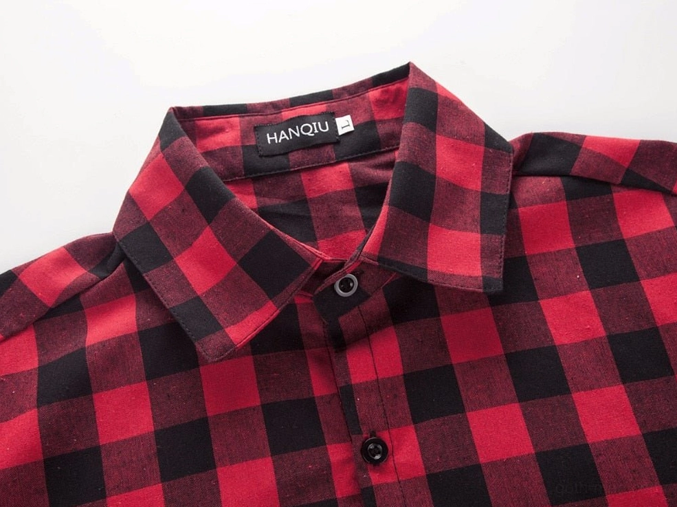 Red and black plaid shirt collar close-up - turn-down collar detail for gothic menswear