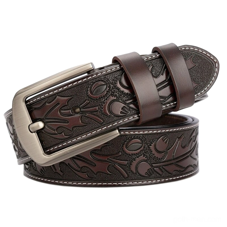 Premium cowskin gothic leather belt with intricate embossed floral design and metal buckle