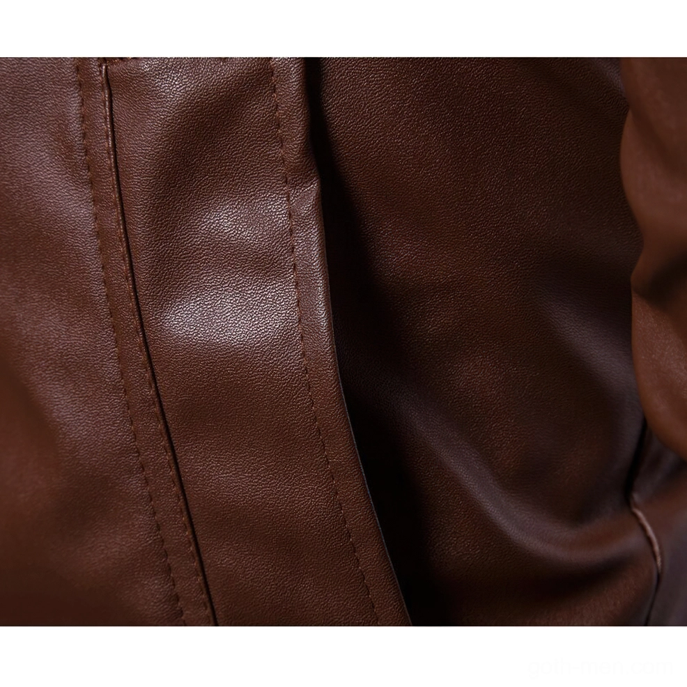 Close-up of PU leather texture and precise stitching on gothic biker jacket