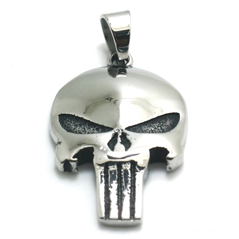 Punisher skull pendant direct front view - stainless steel dark aesthetic necklace charm with clear engraving