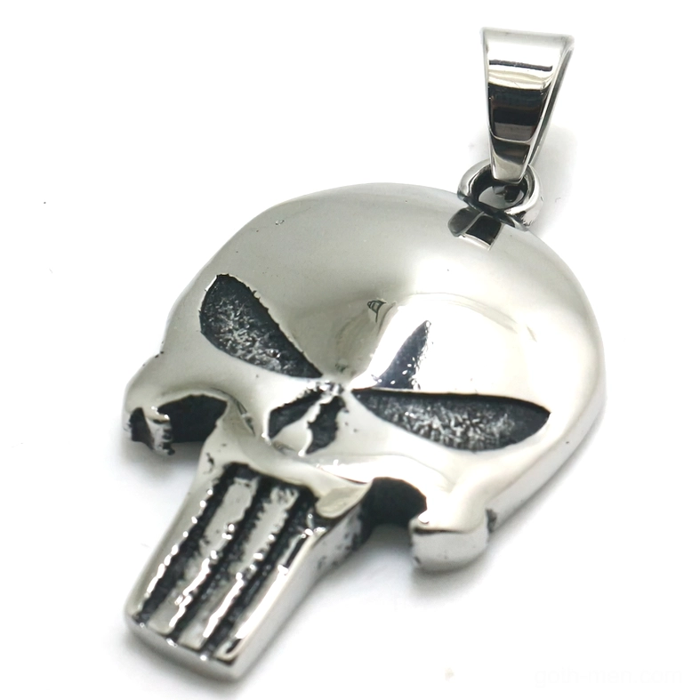 Punisher skull pendant alternative angle - silver stainless steel with etched details, gothic biker jewelry
