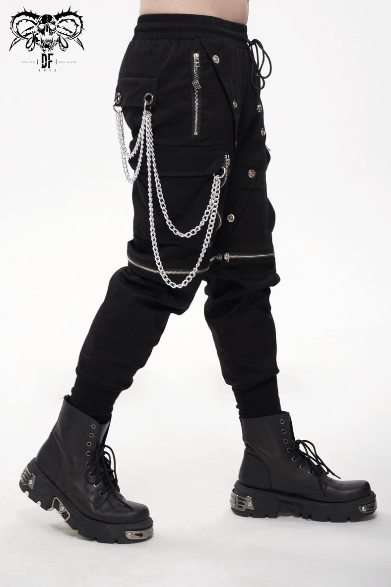 Alternative flat lay perspective of black punk cargo pants showing construction quality
