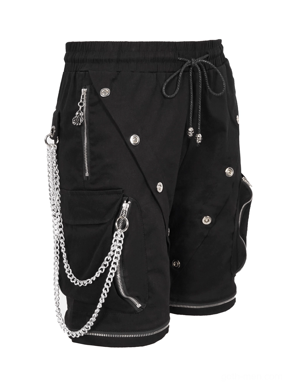 Front flat lay of black punk cargo pants with drawstring waist and snap button details