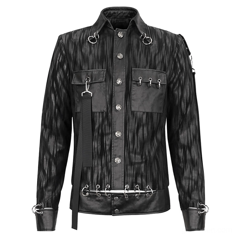 Black gothic short jacket flat lay featuring metal rings, button front, and chest pockets