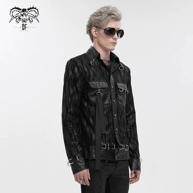 Profile side view of black punk jacket highlighting chest metal accents and cuff hardware
