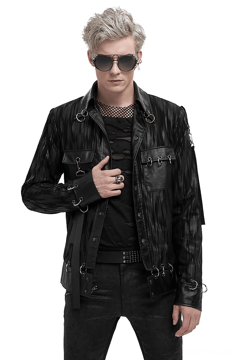 Medium shot of black gothic jacket on model wearing distressed top and black pants
