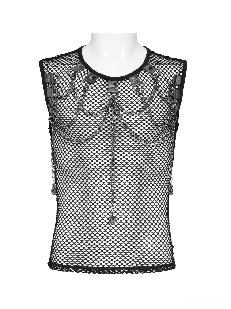 Black mesh gothic tank top worn by male model, medium close-up shot of sheer mesh and hardware details